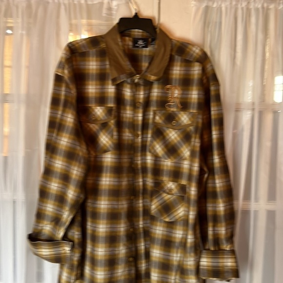 Red Ape Cotton Stretch Shirt Mens 3XL XXXL Brown Plaid Casual Embroidered Pocket - Picture 5 of 8